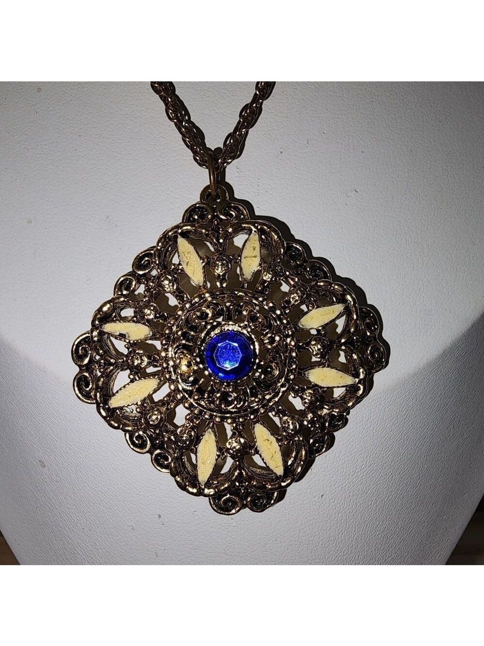 Gold and Blue Pendant Necklace 38" - Picture 2 of 6